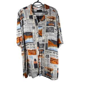 Y2k No Boundaries Mens Newspaper Print Button Up Top Sz 2XL Route 66 Novelty